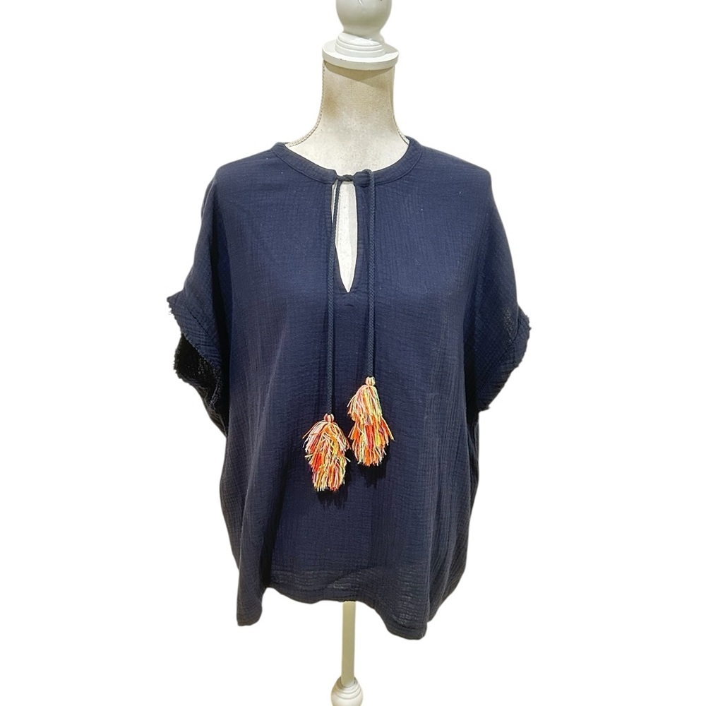Sundays navy v neck Boho Top multi color tassel fringe hem cap sleeve OS
